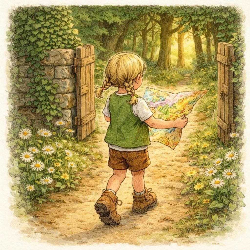 A child meeting a friendly frog on a forest adventure