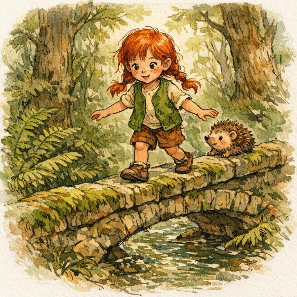 A girl crossing a mossy stone bridge with a hedgehog friend