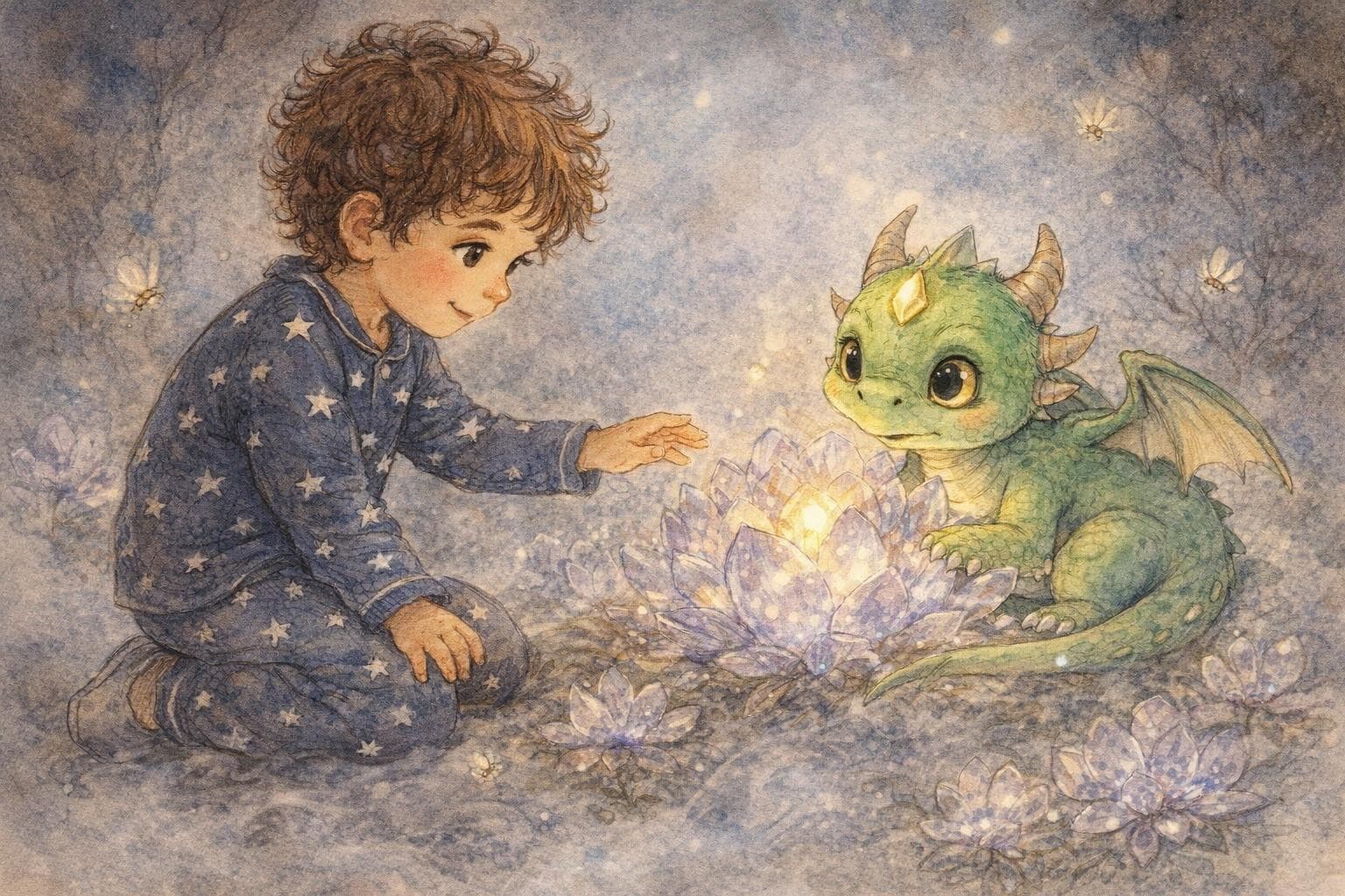 A child exploring a magical moonlit dream garden