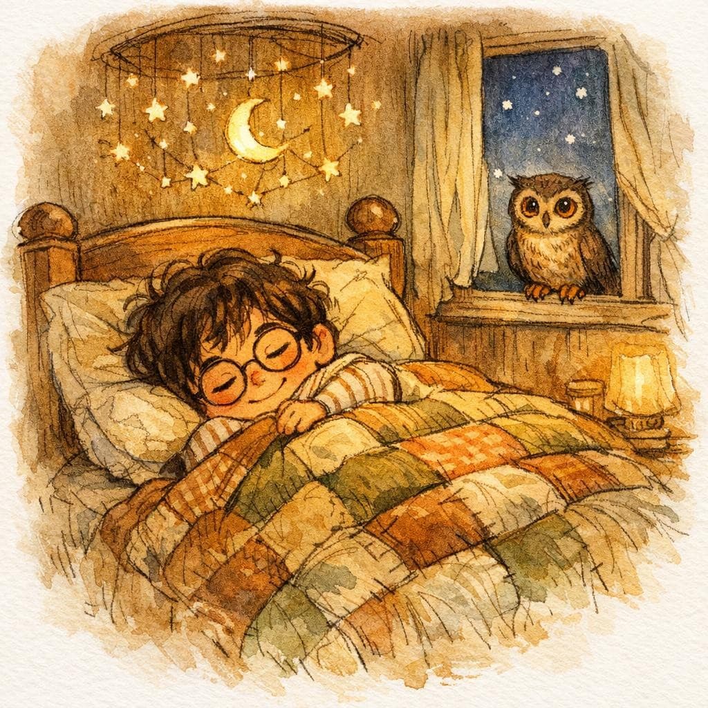 A boy drifting to sleep under a magical star mobile with an owl watching