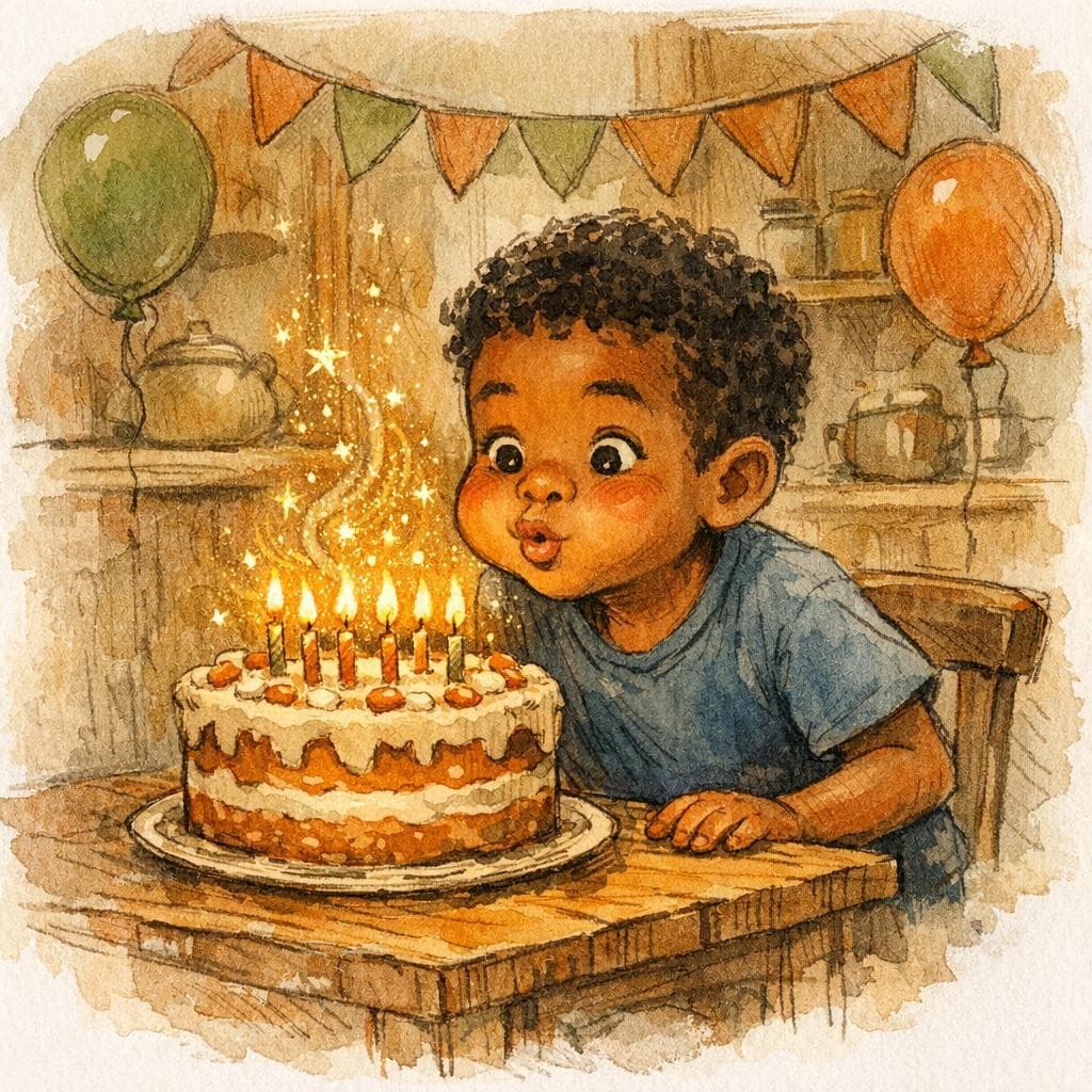 A boy blowing out candles on a magical birthday cake