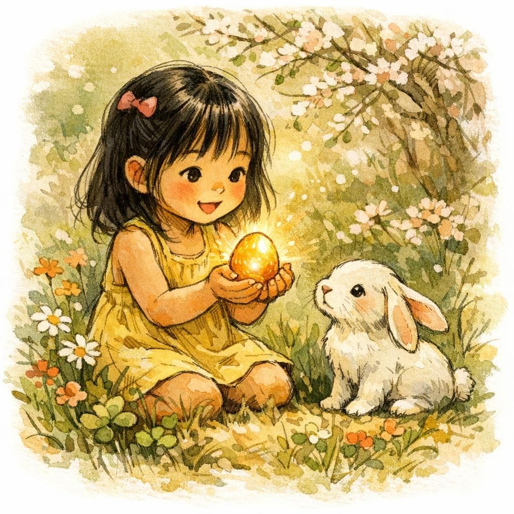A girl discovering a glowing golden Easter egg with a bunny